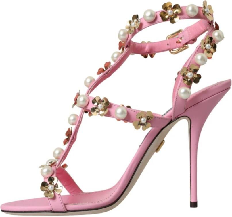 Dolce & Gabbana Roze Leren Versierde Hakken Sandalen Pink Dames