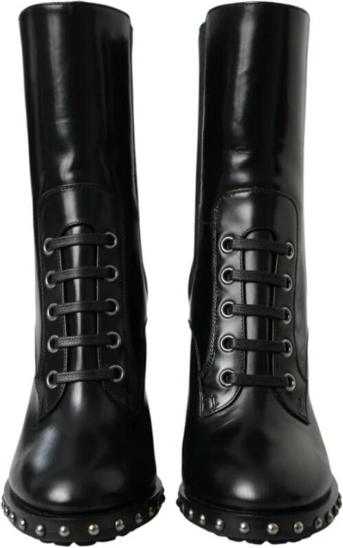 Dolce & Gabbana Studded Leren Veterschoenen Enkellaarzen Black Dames