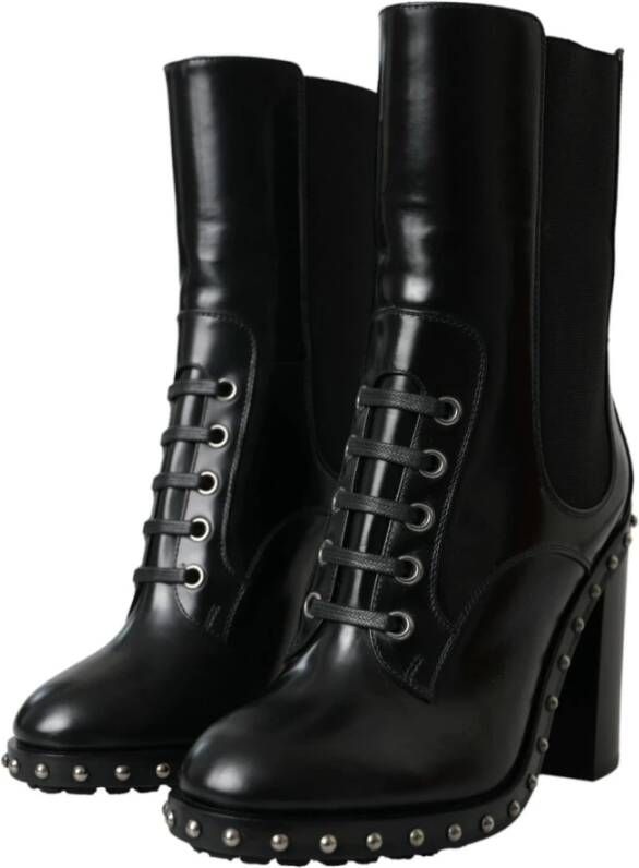 Dolce & Gabbana Studded Leren Veterschoenen Enkellaarzen Black Dames