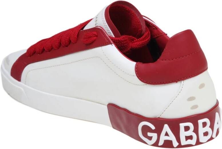 Dolce & Gabbana Vintage Lage Kalfsleren Sneakers in Wit en Rood White Heren