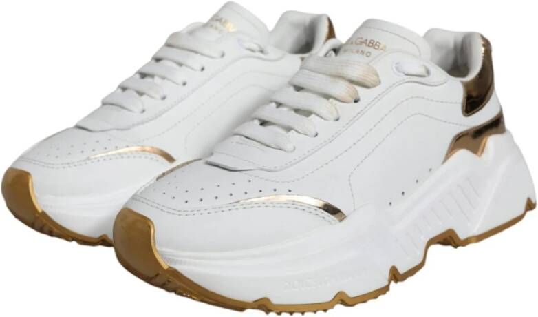 Dolce & Gabbana Wit Goud Leren Sneakers Logo Details White Dames