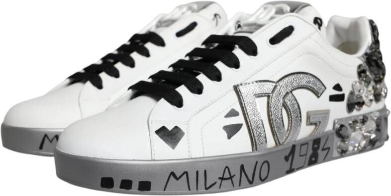 Dolce & Gabbana Wit Zilver Leren Sneakers Logo Details White Heren