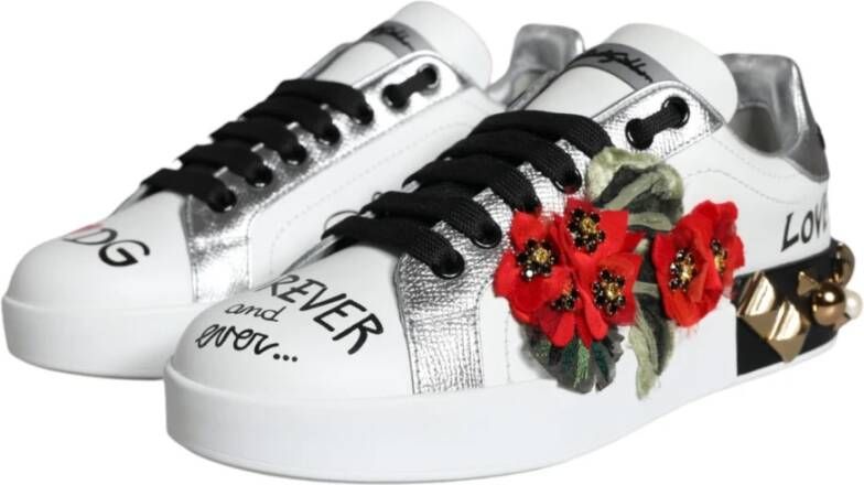 Dolce & Gabbana Witte Bloemen Leren Lage Sneakers White Dames