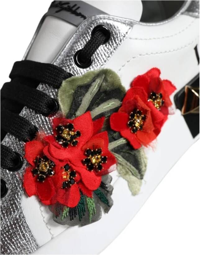 Dolce & Gabbana Witte Bloemen Leren Lage Sneakers White Dames