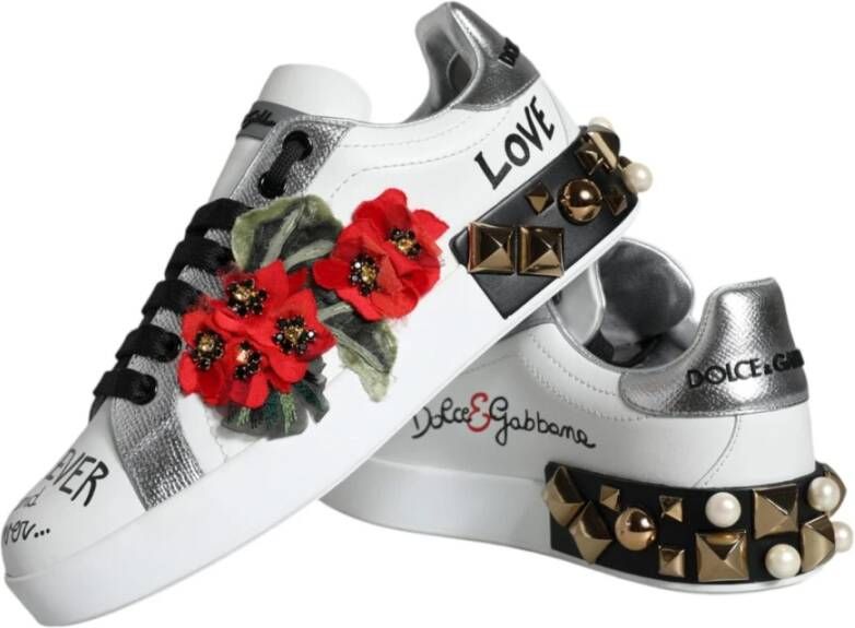 Dolce & Gabbana Witte Bloemen Leren Lage Sneakers White Dames