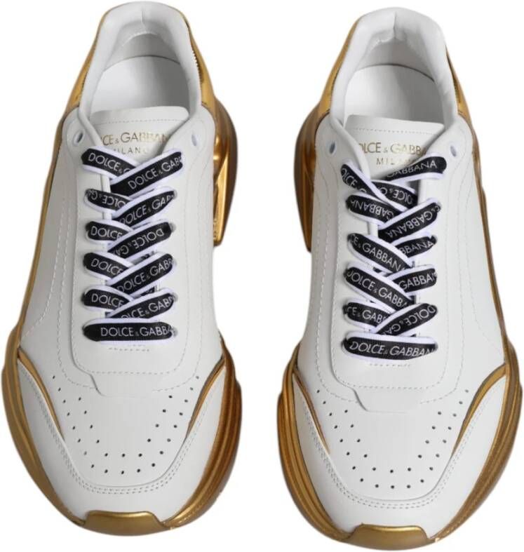 Dolce & Gabbana Witte Gouden Leren Sneakers met Logo White Dames