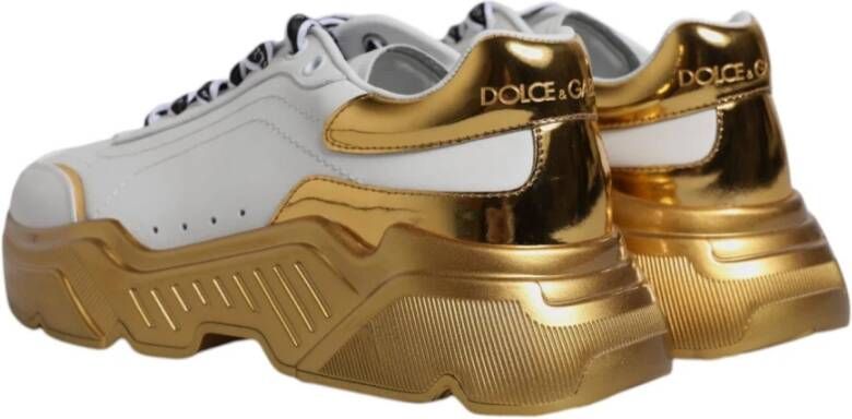 Dolce & Gabbana Witte Gouden Leren Sneakers met Logo White Dames