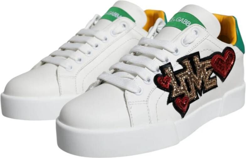 Dolce & Gabbana Witte Groene Leren Sneakers White Dames