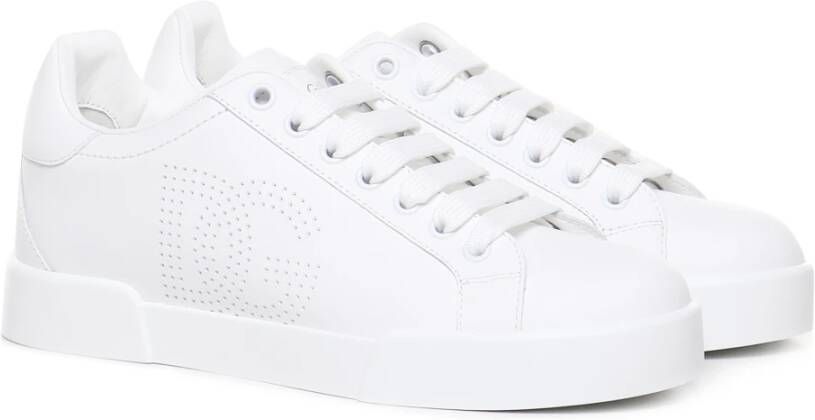 Dolce & Gabbana Witte Leren Sneakers met Geperforeerd Logo White Dames