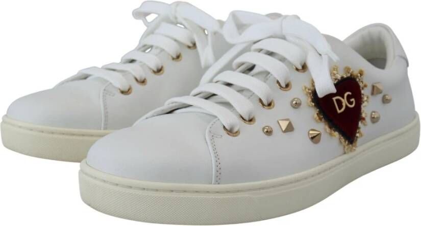 Dolce & Gabbana Witte Leren Sneakers met Gouden Studs White Dames