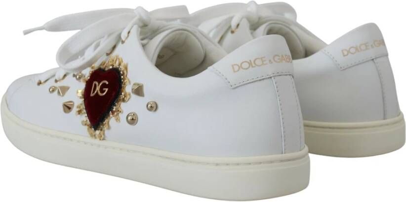 Dolce & Gabbana Witte Leren Sneakers met Gouden Studs White Dames