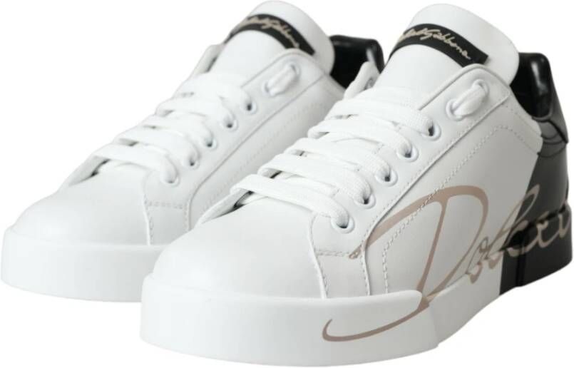 Dolce & Gabbana Witte Zwarte Portofino Lage Top Leren Sneakers White Dames