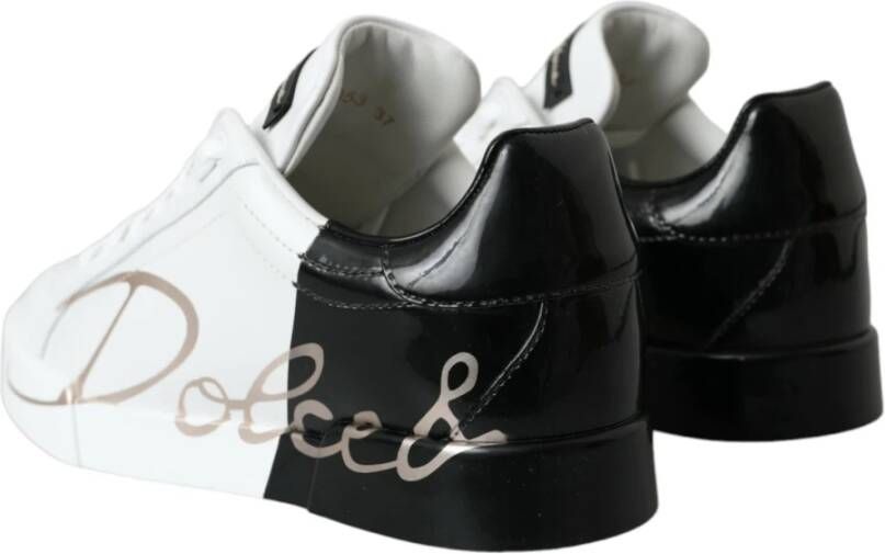 Dolce & Gabbana Witte Zwarte Portofino Lage Top Leren Sneakers White Dames