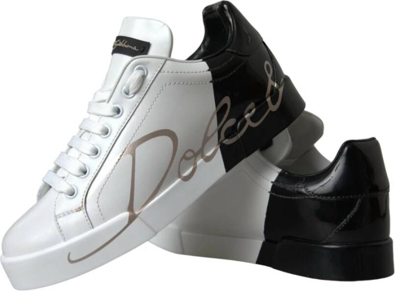 Dolce & Gabbana Witte Zwarte Portofino Lage Top Leren Sneakers White Dames