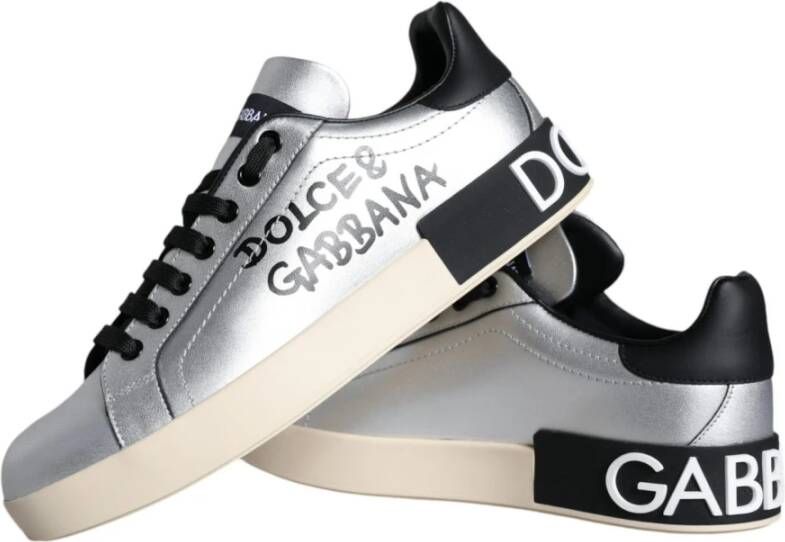 Dolce & Gabbana Zilver Zwart Leren Sneakers Rubberen Zool Gray Dames