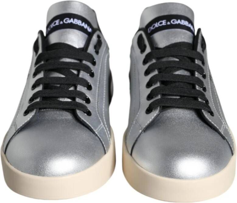 Dolce & Gabbana Zilver Zwart Leren Sneakers Rubberen Zool Gray Dames