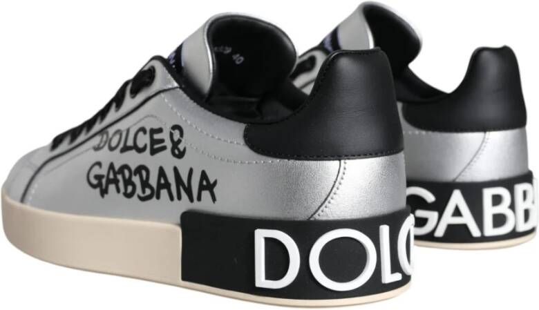 Dolce & Gabbana Zilver Zwart Leren Sneakers Rubberen Zool Gray Dames