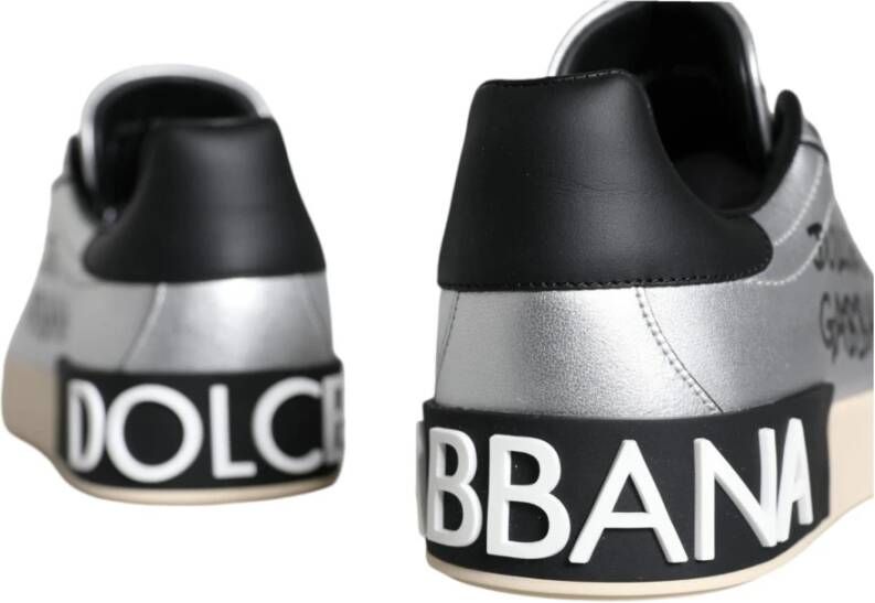 Dolce & Gabbana Zilver Zwart Leren Sneakers Rubberen Zool Gray Dames