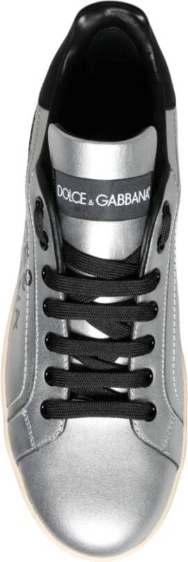 Dolce & Gabbana Zilver Zwart Leren Sneakers Rubberen Zool Gray Dames