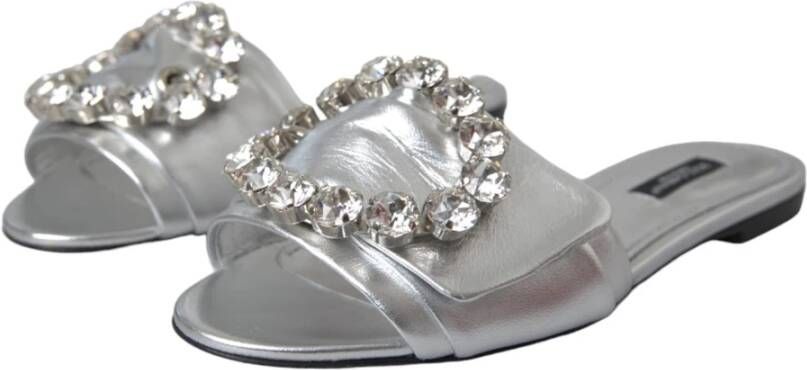 Dolce & Gabbana Zilveren Kristal Leren Platte Sandalen Gray Dames