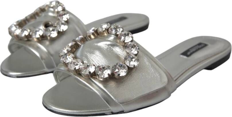 Dolce & Gabbana Zilveren Kristal Leren Platte Sandalen Gray Dames