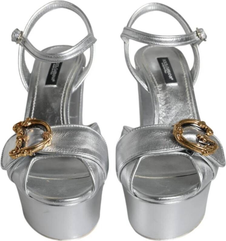 Dolce & Gabbana Zilveren Leren Plateau Sandalen met Logo Gray Dames