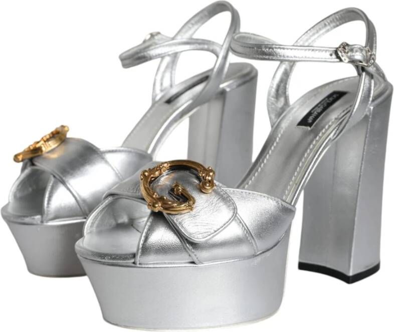 Dolce & Gabbana Zilveren Leren Plateau Sandalen met Logo Gray Dames