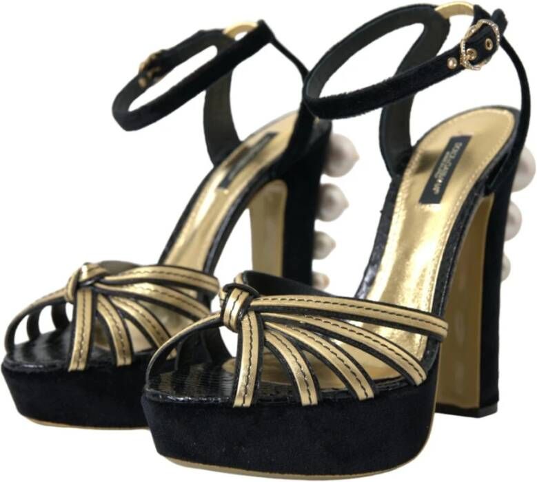 Dolce & Gabbana Zwart Goud Enkelband Hakken Sandalen Black Dames