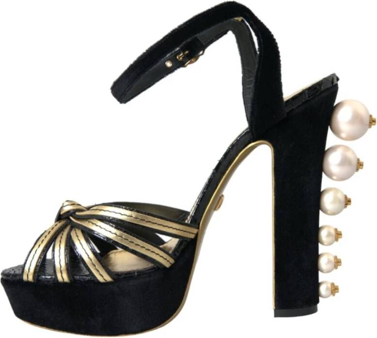 Dolce & Gabbana Zwart Goud Enkelband Hakken Sandalen Black Dames