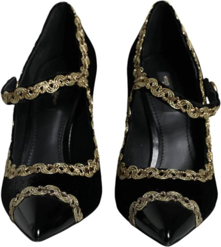 Dolce & Gabbana Zwart Goud Fluweel Mary Jane Pumps Black Dames