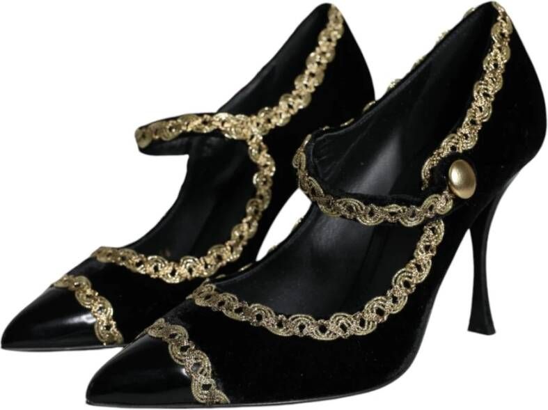 Dolce & Gabbana Zwart Goud Fluweel Mary Jane Pumps Black Dames