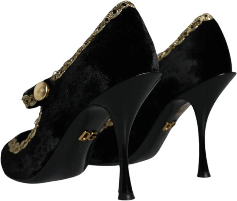 Dolce & Gabbana Zwart Goud Fluweel Mary Jane Pumps Black Dames