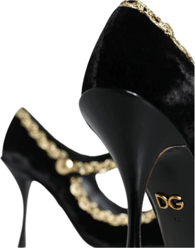 Dolce & Gabbana Zwart Goud Fluweel Mary Jane Pumps Black Dames