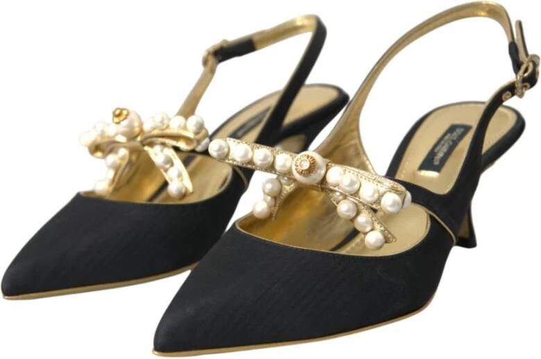 Dolce & Gabbana Zwart Goud Leren Slingback Hakken Black Dames