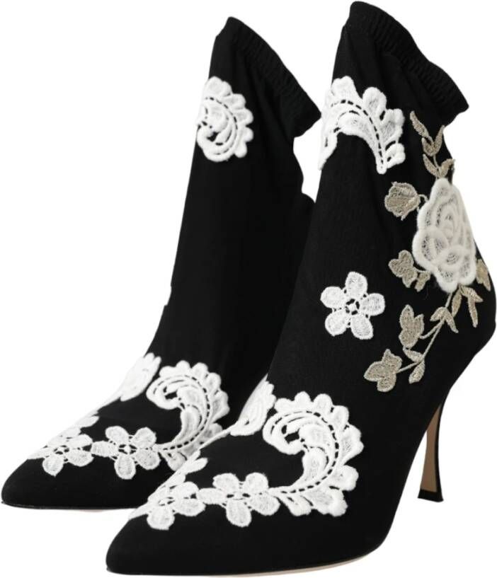 Dolce & Gabbana Zwart Wit Geborduurde Instaplaarzen Black Dames