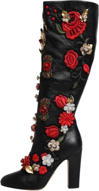 Dolce & Gabbana Zwarte Bloemversierde Kniehoge Laarzen Multicolor Dames