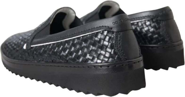 Dolce & Gabbana Zwarte Geweven Leren Loafers Schoenen Black Heren