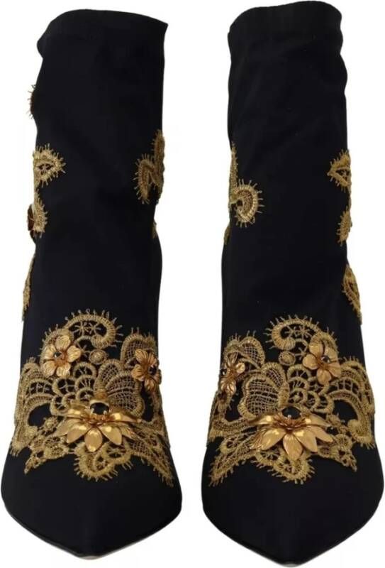 Dolce & Gabbana Zwarte Gouden Geborduurde Slip-On Laarzen Black Dames