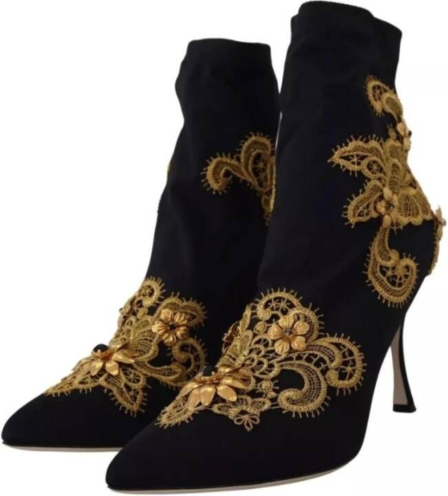 Dolce & Gabbana Zwarte Gouden Geborduurde Slip-On Laarzen Black Dames