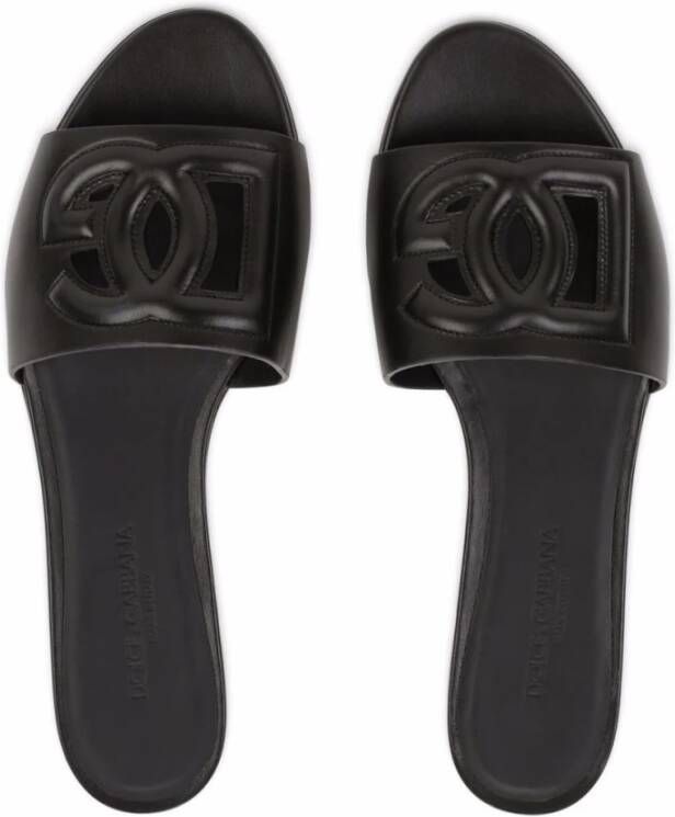 Dolce & Gabbana Zwarte Kalfsleren Logo Slides Black Dames