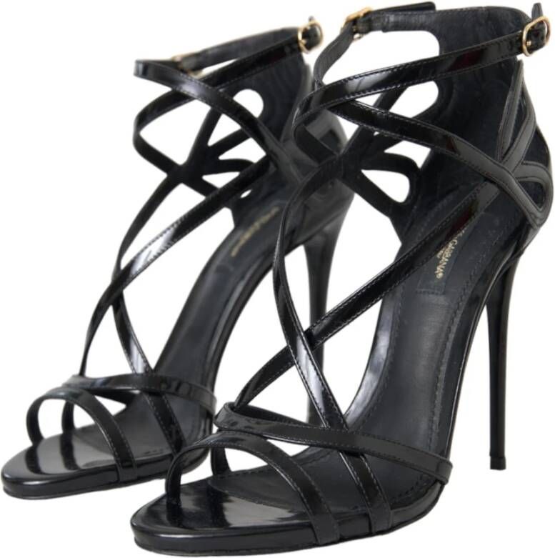 Dolce & Gabbana Zwarte Leren Enkelband Hakken Sandalen Black Dames