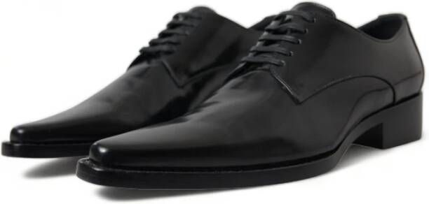 Dolce & Gabbana Zwarte Leren Formele Platte Schoenen Vetersluiting Black Dames