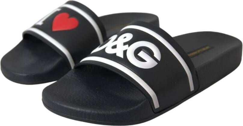 Dolce & Gabbana Zwarte leren I Love D&G Slide Sandalen Black Dames