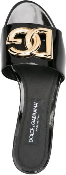 Dolce & Gabbana Zwarte Leren Instap Sandalen met Gouden Logo Black Dames