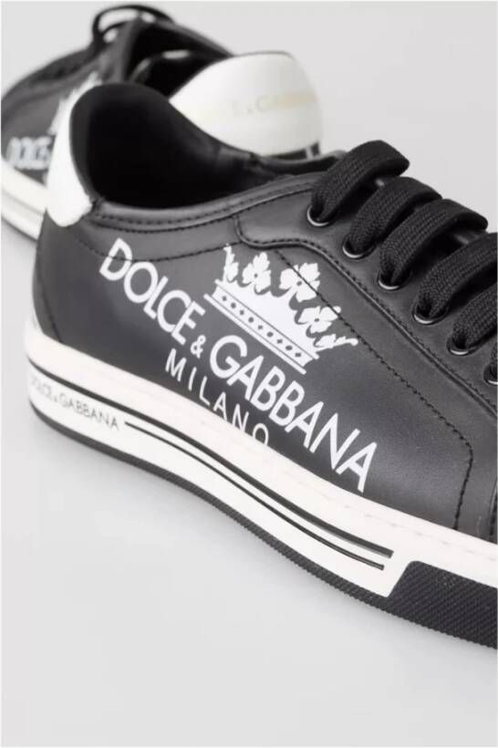 Dolce & Gabbana Zwarte Leren Lage Sneakers Print Black Heren