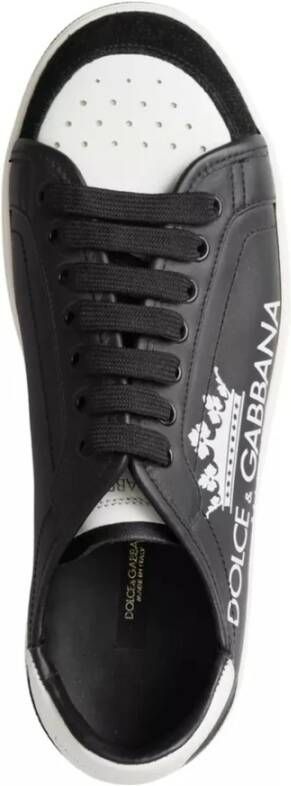 Dolce & Gabbana Zwarte Leren Lage Sneakers Print Black Heren