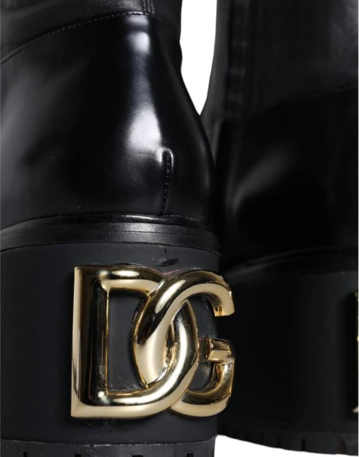 Dolce & Gabbana Zwarte Leren Logo Kniehoge Laarzen Schoenen Black Dames