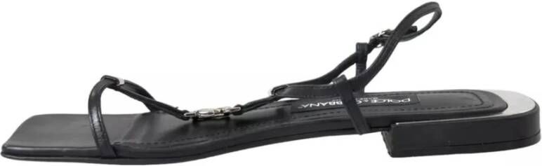 Dolce & Gabbana Zwarte Leren Logo Platte Sandalen Black Dames