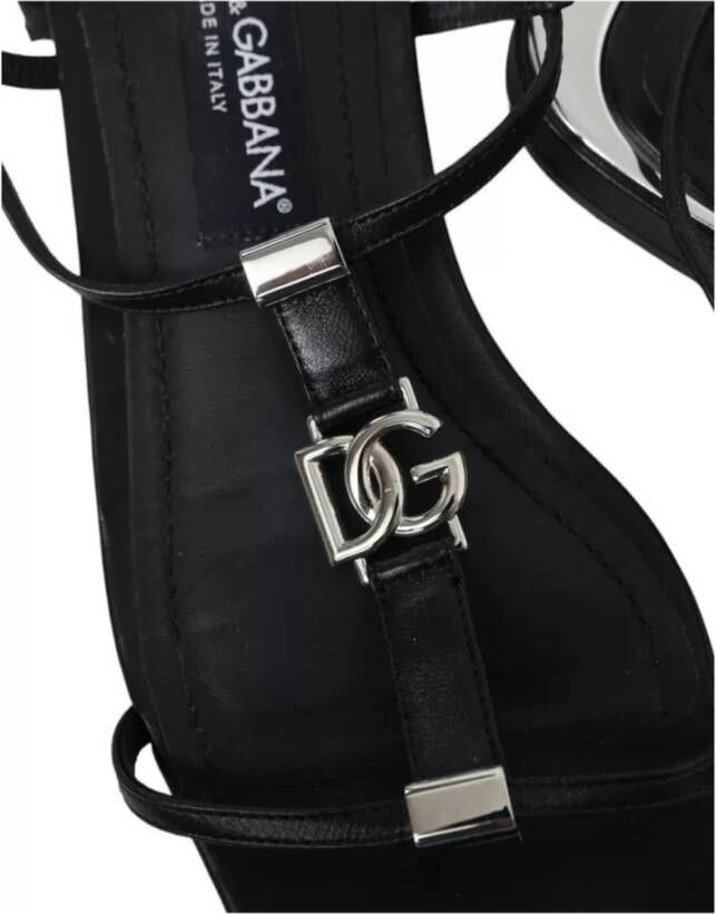 Dolce & Gabbana Zwarte Leren Logo Platte Sandalen Black Dames