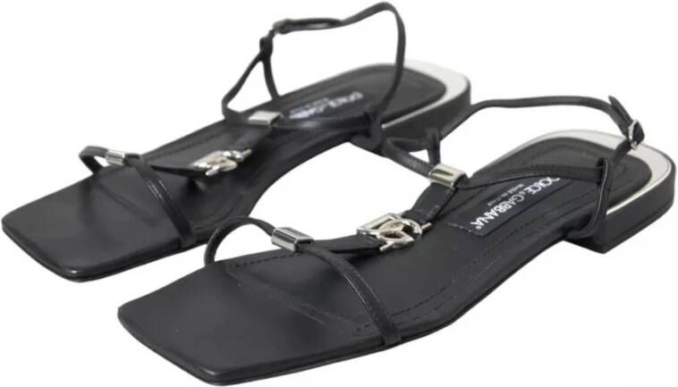 Dolce & Gabbana Zwarte Leren Logo Platte Sandalen Black Dames